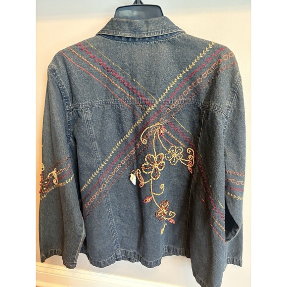Units Woman 2X Denim Button Long Sleeve Shirt Jacket Beading Mixed Media Boho - Picture 2 of 10
